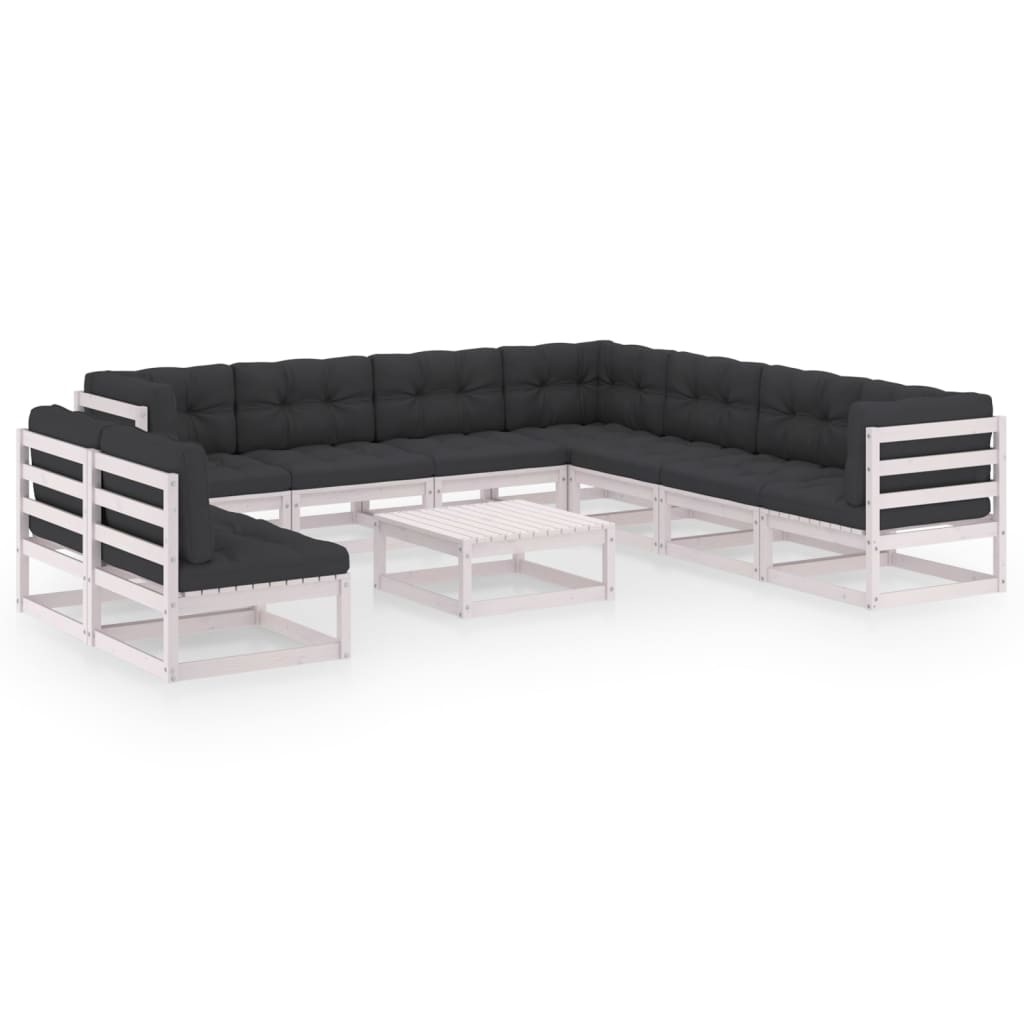 10-tlg. Garten-Lounge-Set mit Kissen Weiss Kiefer Massivholz